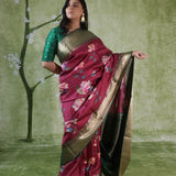 Burgundy Red Printed Kanjivaram Silk Saree
