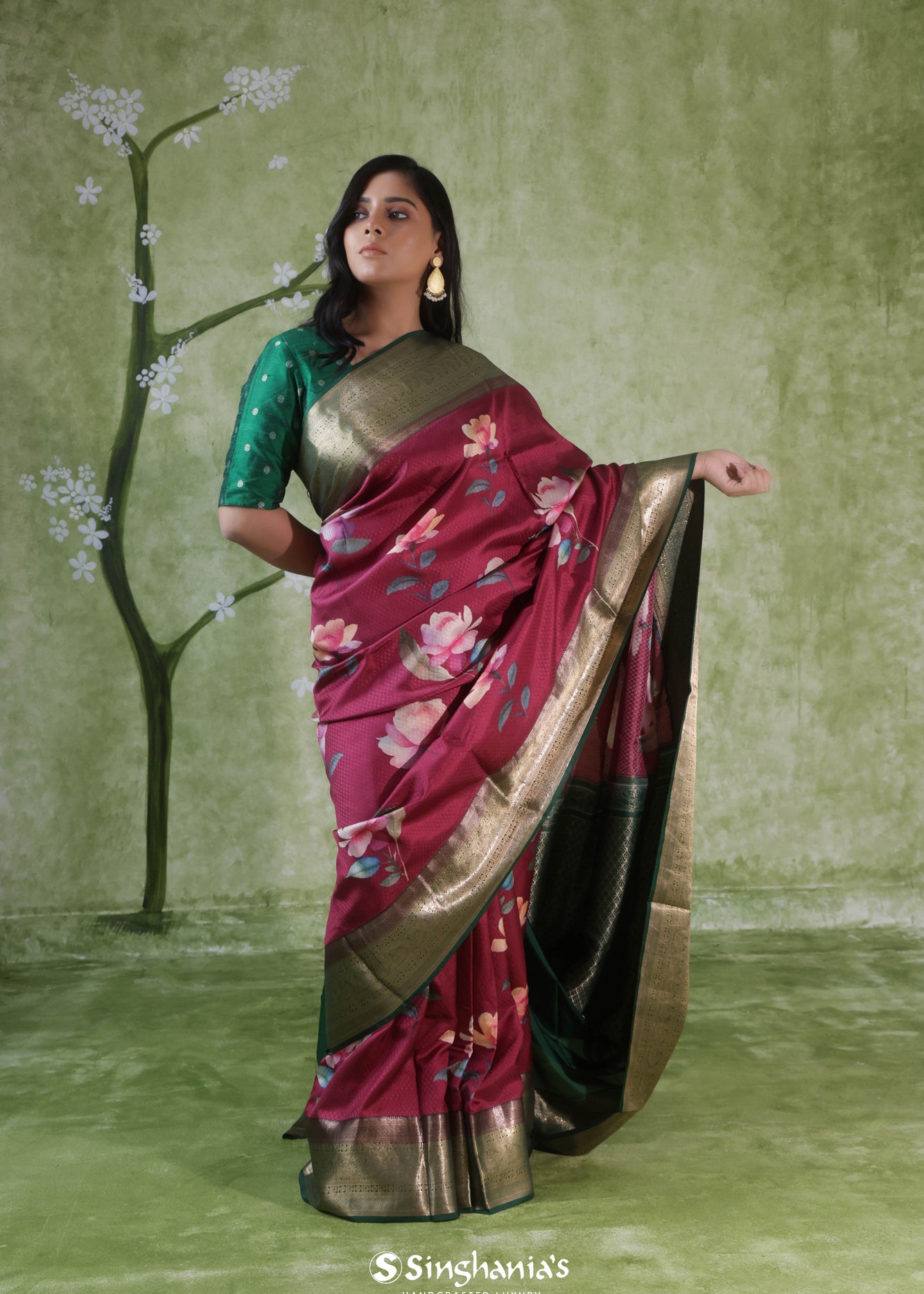 Burgundy Red Printed Kanjivaram Silk Saree