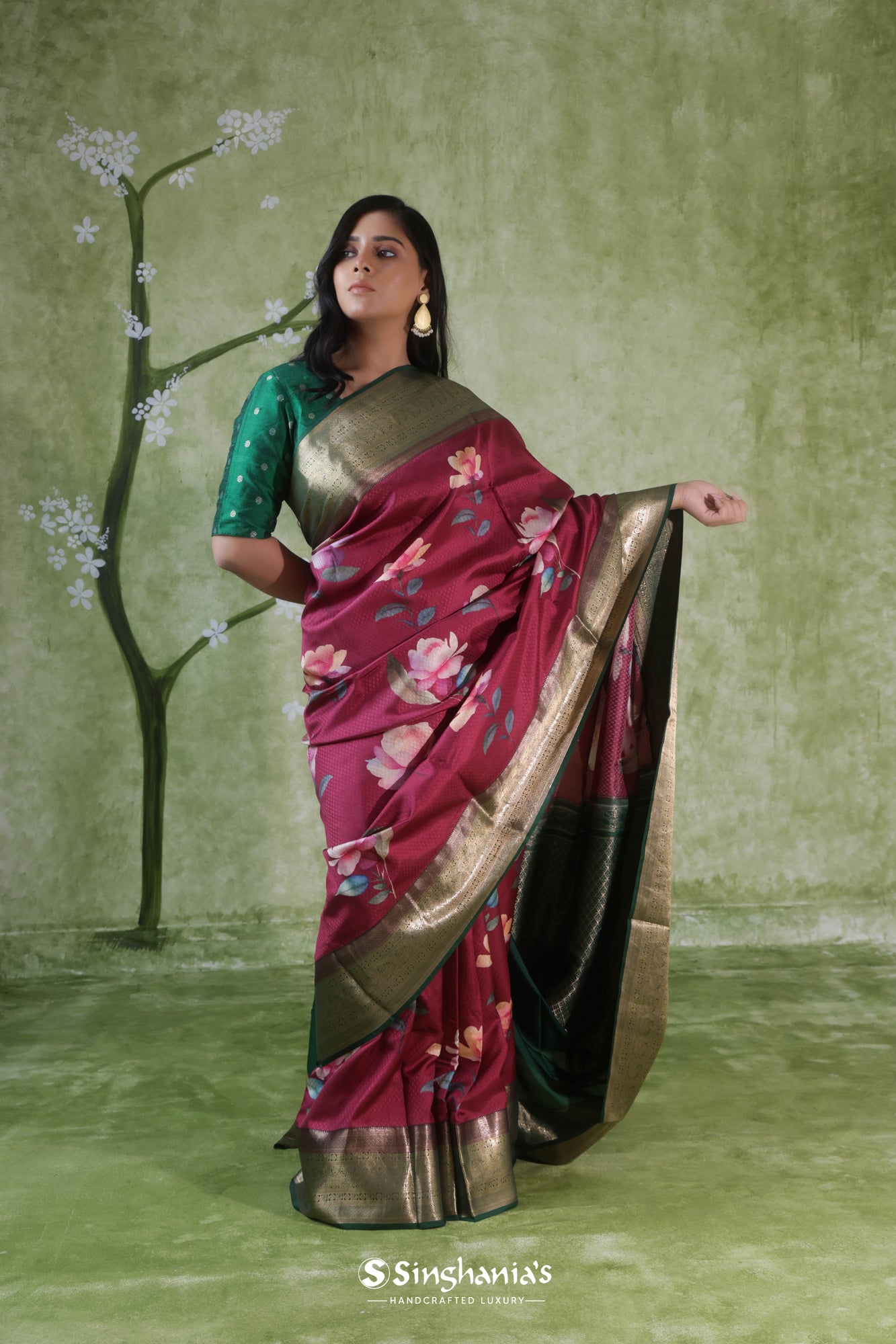 Burgundy Red Printed Kanjivaram Silk Saree
