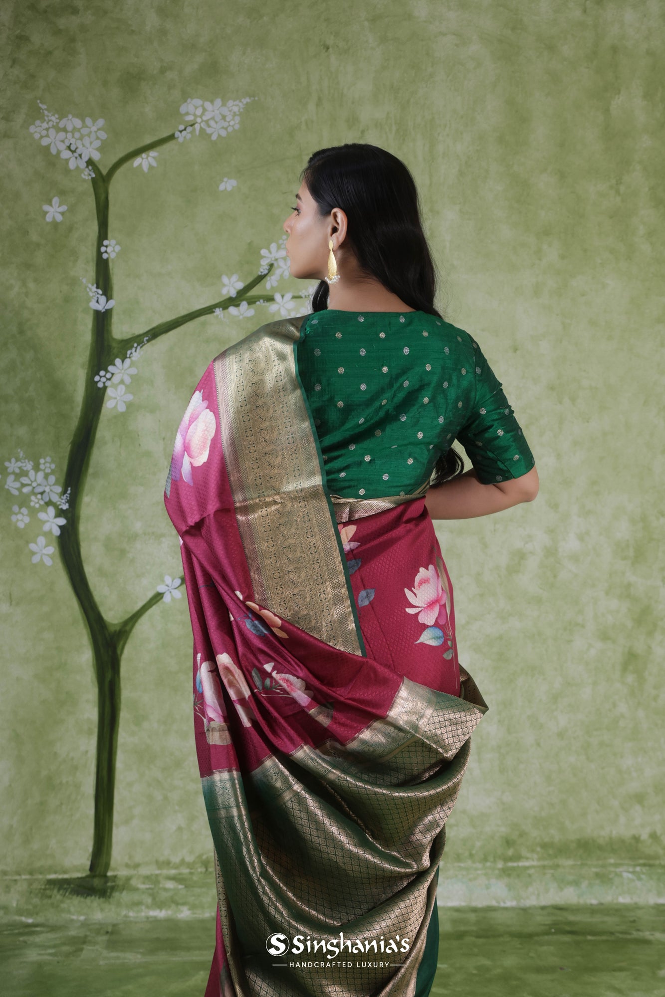 Burgundy Red Printed Kanjivaram Silk Saree