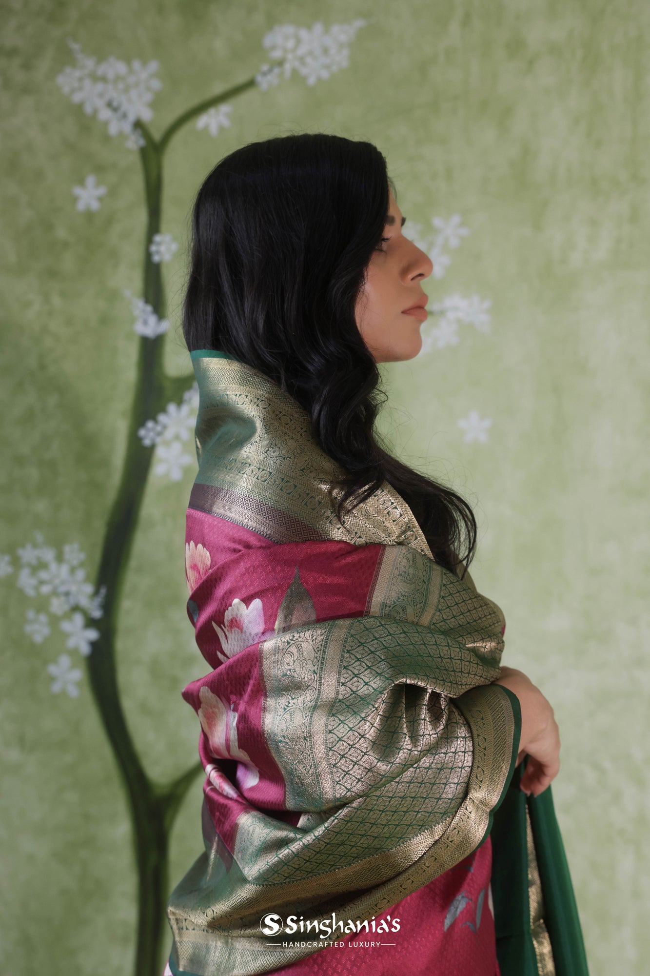 Burgundy Red Printed Kanjivaram Silk Saree