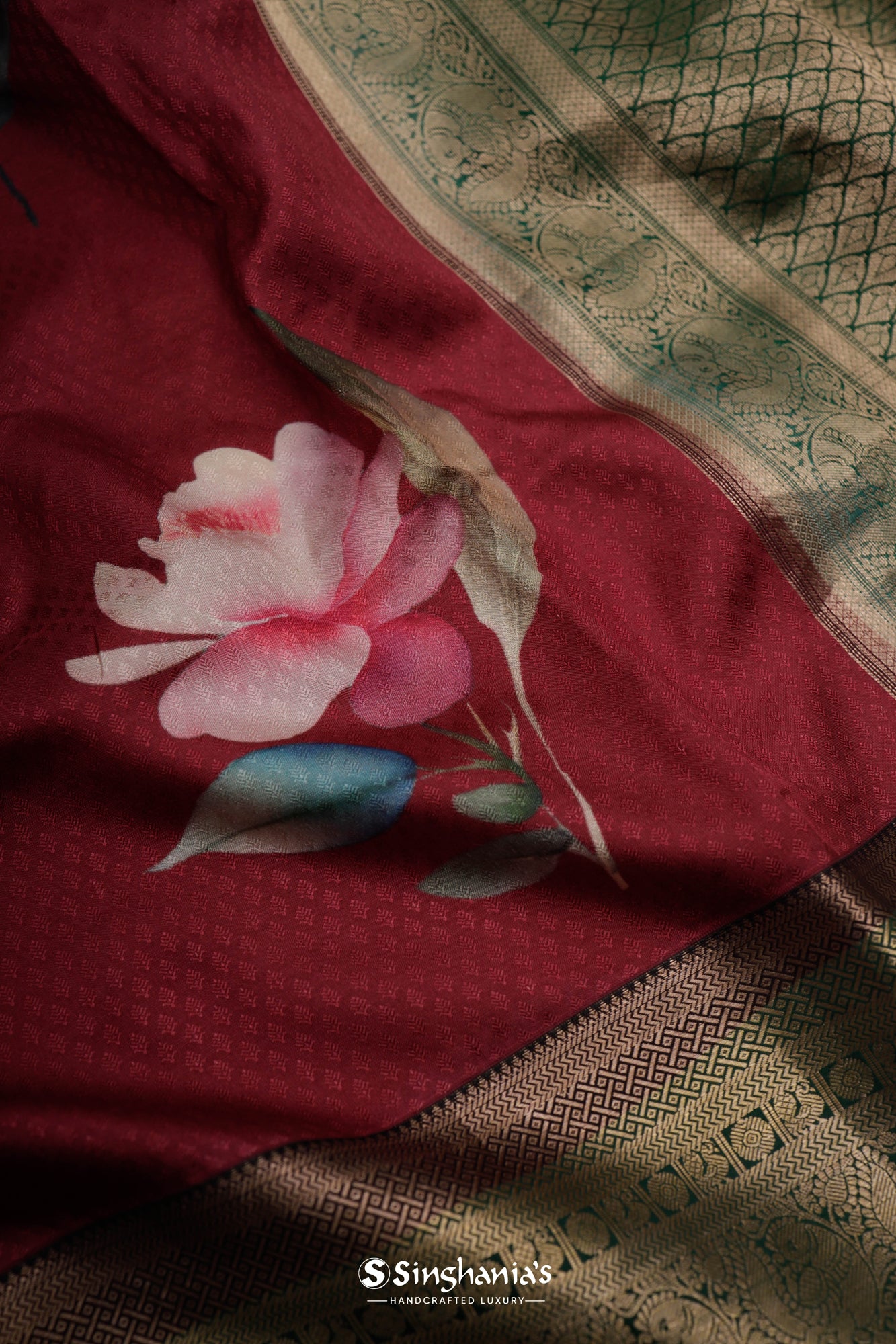 Burgundy Red Printed Kanjivaram Silk Saree