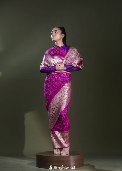 <img> Fuchsia Purple Bandhani Kanjivaram Saree