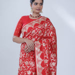 Chilli Red Banarasi Silk Saree With Floral Jaal Weaving