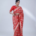 Chilli Red Banarasi Silk Saree With Floral Jaal Weaving