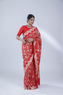 Chilli Red Banarasi Silk Saree With Floral Jaal Weaving