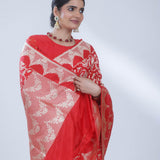 Chilli Red Banarasi Silk Saree With Floral Jaal Weaving