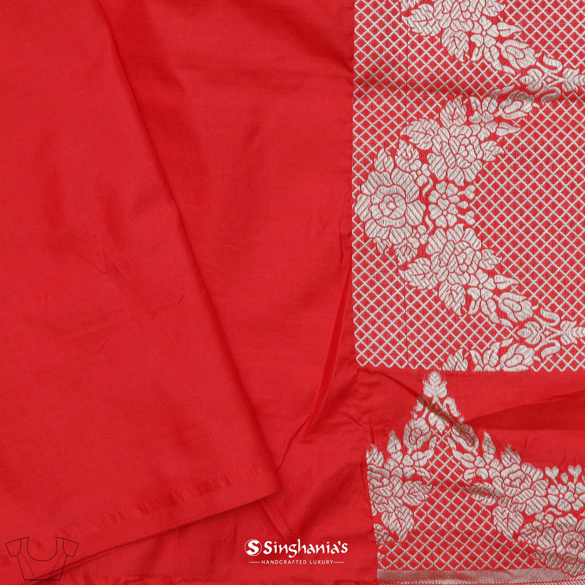<img> Chilli Red Banarasi Silk Saree With Floral Jaal Weaving