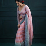 Pink-Peach Printed Georgette Saree With Hand Embroidery
