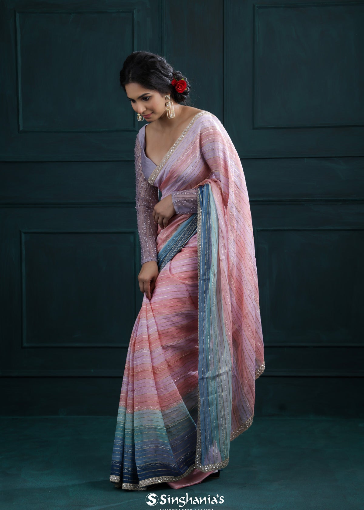 Pink-Peach Printed Georgette Saree With Hand Embroidery