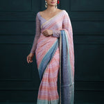 Pink-Peach Printed Georgette Saree With Hand Embroidery