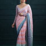 Pink-Peach Printed Georgette Saree With Hand Embroidery