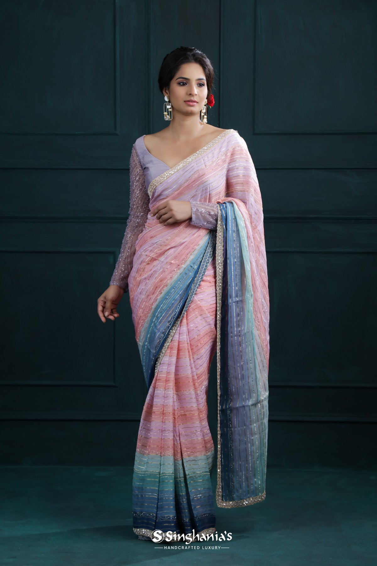 Pink-Peach Printed Georgette Saree With Hand Embroidery