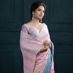 Pink-Peach Printed Georgette Saree With Hand Embroidery