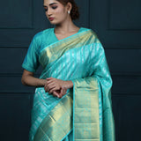 Bright Turquoise Blue Kanjivaram Silk With Floral-Stripes Weaving