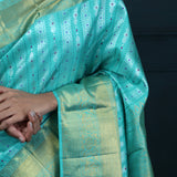 Bright Turquoise Blue Kanjivaram Silk With Floral-Stripes Weaving