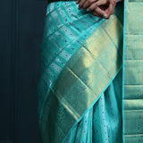 Bright Turquoise Blue Kanjivaram Silk With Floral-Stripes Weaving