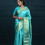 Bright Turquoise Blue Kanjivaram Silk With Floral-Stripes Weaving