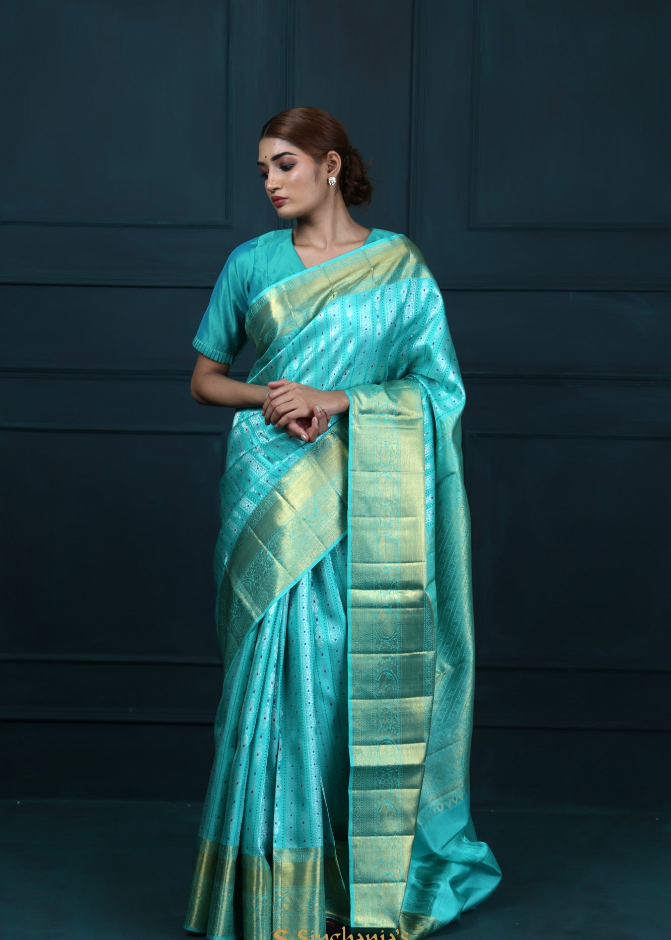 Bright Turquoise Blue Kanjivaram Silk With Floral-Stripes Weaving