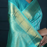 Bright Turquoise Blue Kanjivaram Silk With Floral-Stripes Weaving