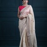 Almond Beige Tissue Organza Saree With Chikankari Embroidery