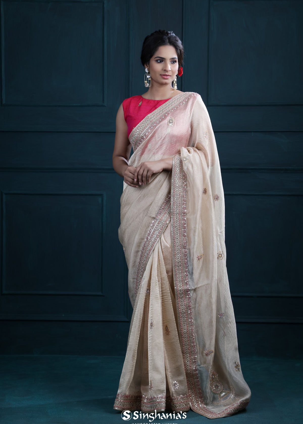 Almond Beige Tissue Organza Saree With Chikankari Embroidery