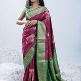 Cardinal Purple Printed Kanjivaram Silk Saree With Floral Design