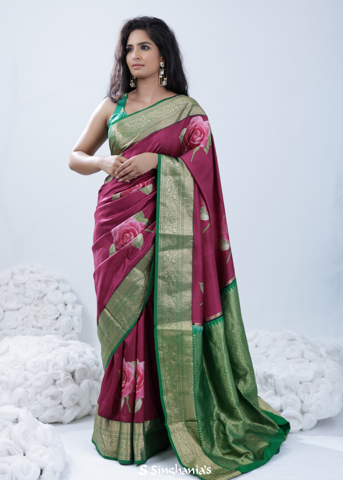 Cardinal Purple Printed Kanjivaram Silk Saree With Floral Design