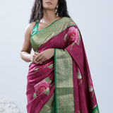 Cardinal Purple Printed Kanjivaram Silk Saree With Floral Design