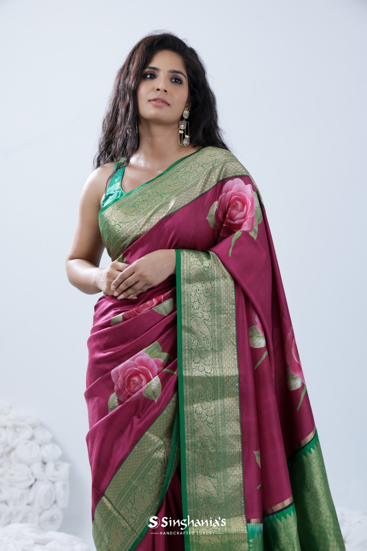 Cardinal Purple Printed Kanjivaram Silk Saree With Floral Design