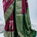 Cardinal Purple Printed Kanjivaram Silk Saree With Floral Design