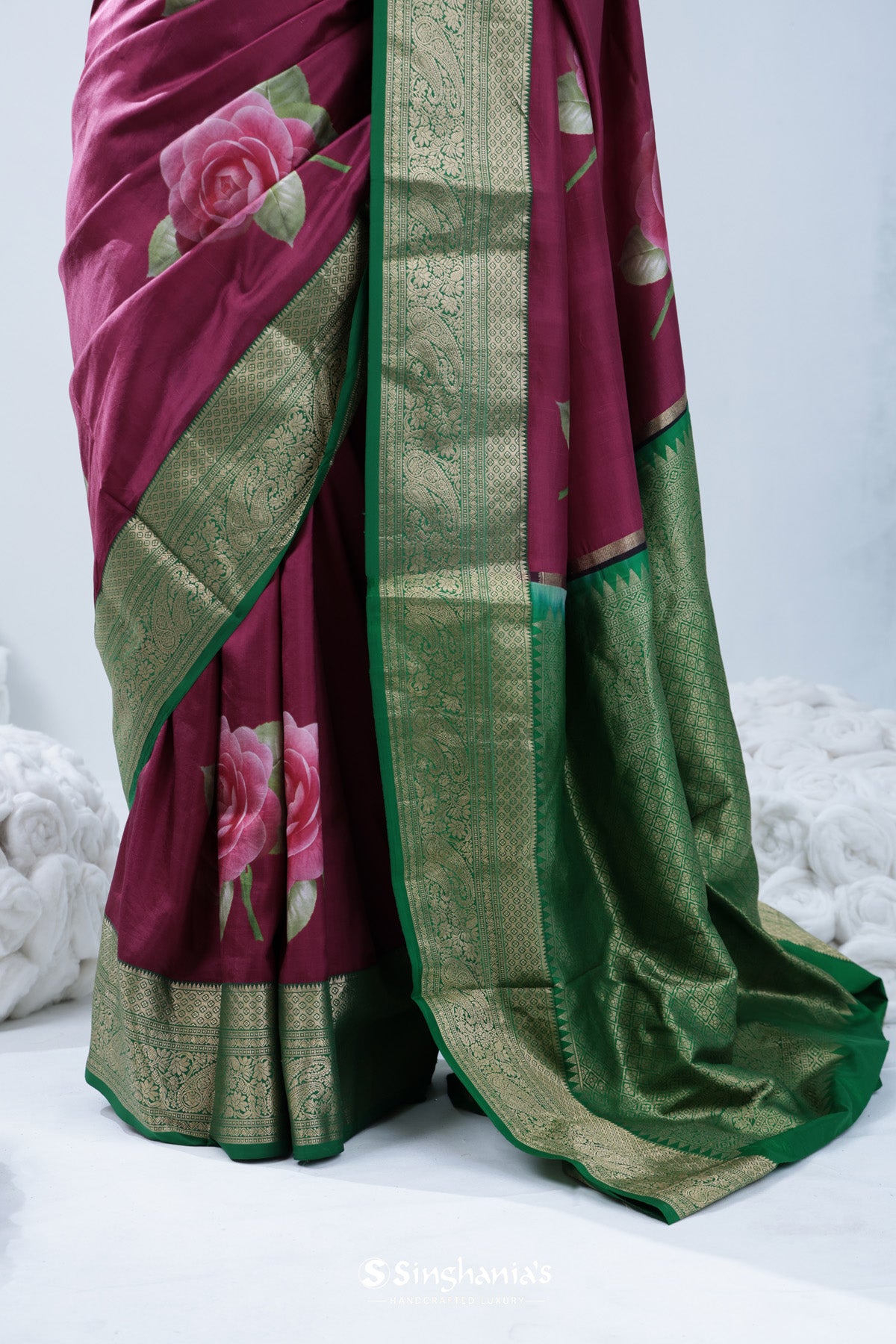Cardinal Purple Printed Kanjivaram Silk Saree With Floral Design