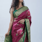 Cardinal Purple Printed Kanjivaram Silk Saree With Floral Design