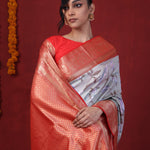 Ash Gray Printed Silk Saree With Kanjivaram Border