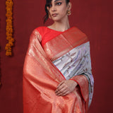 Ash Gray Printed Silk Saree With Kanjivaram Border