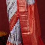Ash Gray Printed Silk Saree With Kanjivaram Border