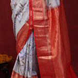 Ash Gray Printed Silk Saree With Kanjivaram Border