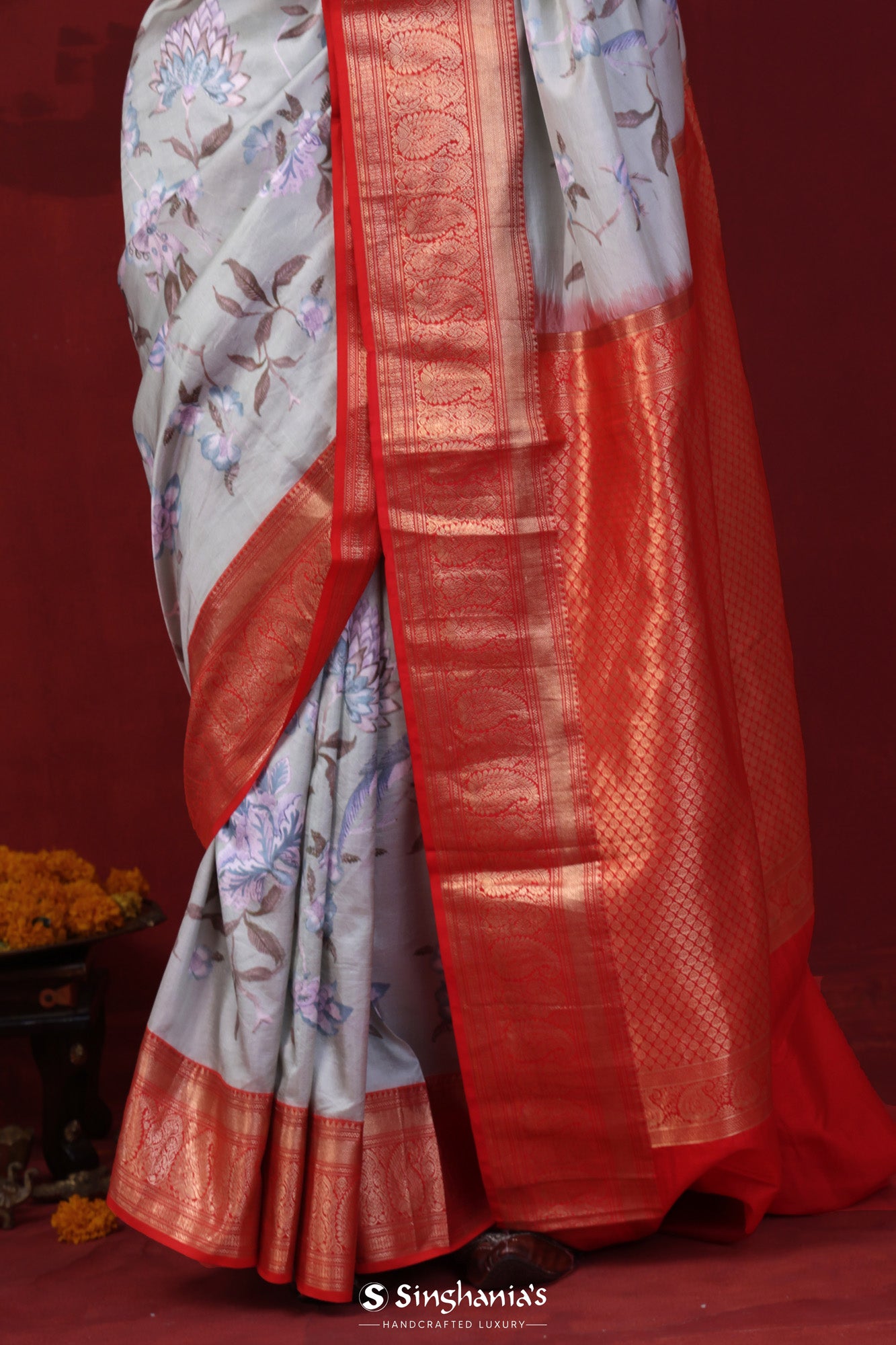 Ash Gray Printed Silk Saree With Kanjivaram Border