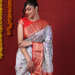 Ash Gray Printed Silk Saree With Kanjivaram Border