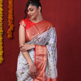 Ash Gray Printed Silk Saree With Kanjivaram Border