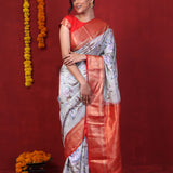 Ash Gray Printed Silk Saree With Kanjivaram Border