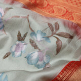 Ash Gray Printed Silk Saree With Kanjivaram Border