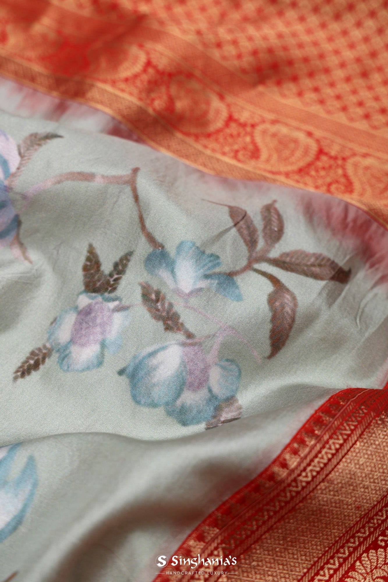 Ash Gray Printed Silk Saree With Kanjivaram Border