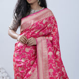 French Pink Banarasi Silk Saree With Floral Jaal Design