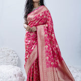 French Pink Banarasi Silk Saree With Floral Jaal Design
