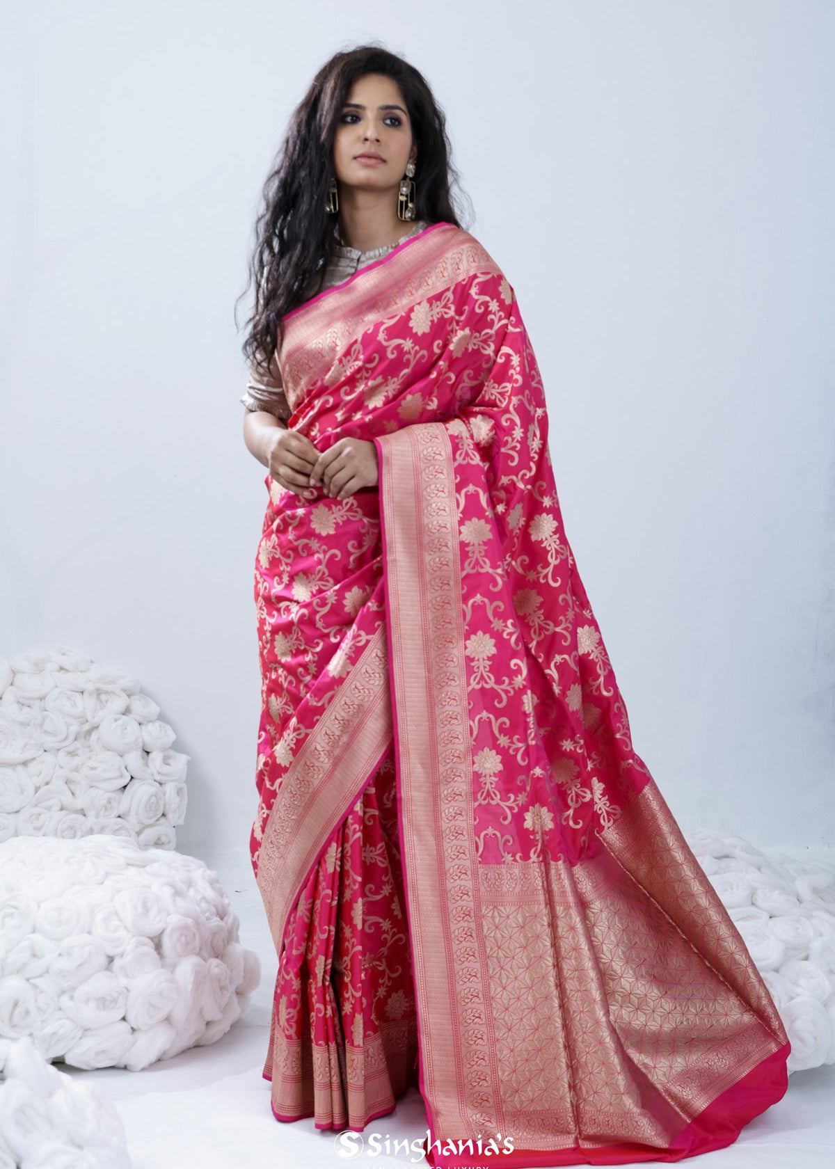 French Pink Banarasi Silk Saree With Floral Jaal Design