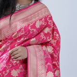 French Pink Banarasi Silk Saree With Floral Jaal Design