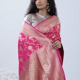 French Pink Banarasi Silk Saree With Floral Jaal Design