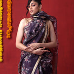 English Violet Printed Organza Designer Saree With Floral Design