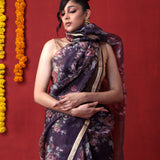 English Violet Printed Organza Designer Saree With Floral Design